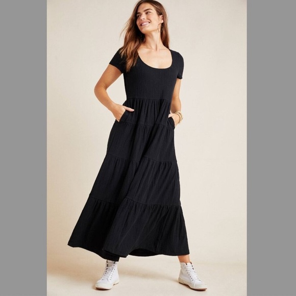 Maeve Anthropologie Gillian Tiered Maxi Dress Short Sleeve Black Small Boho - Picture 1 of 13
